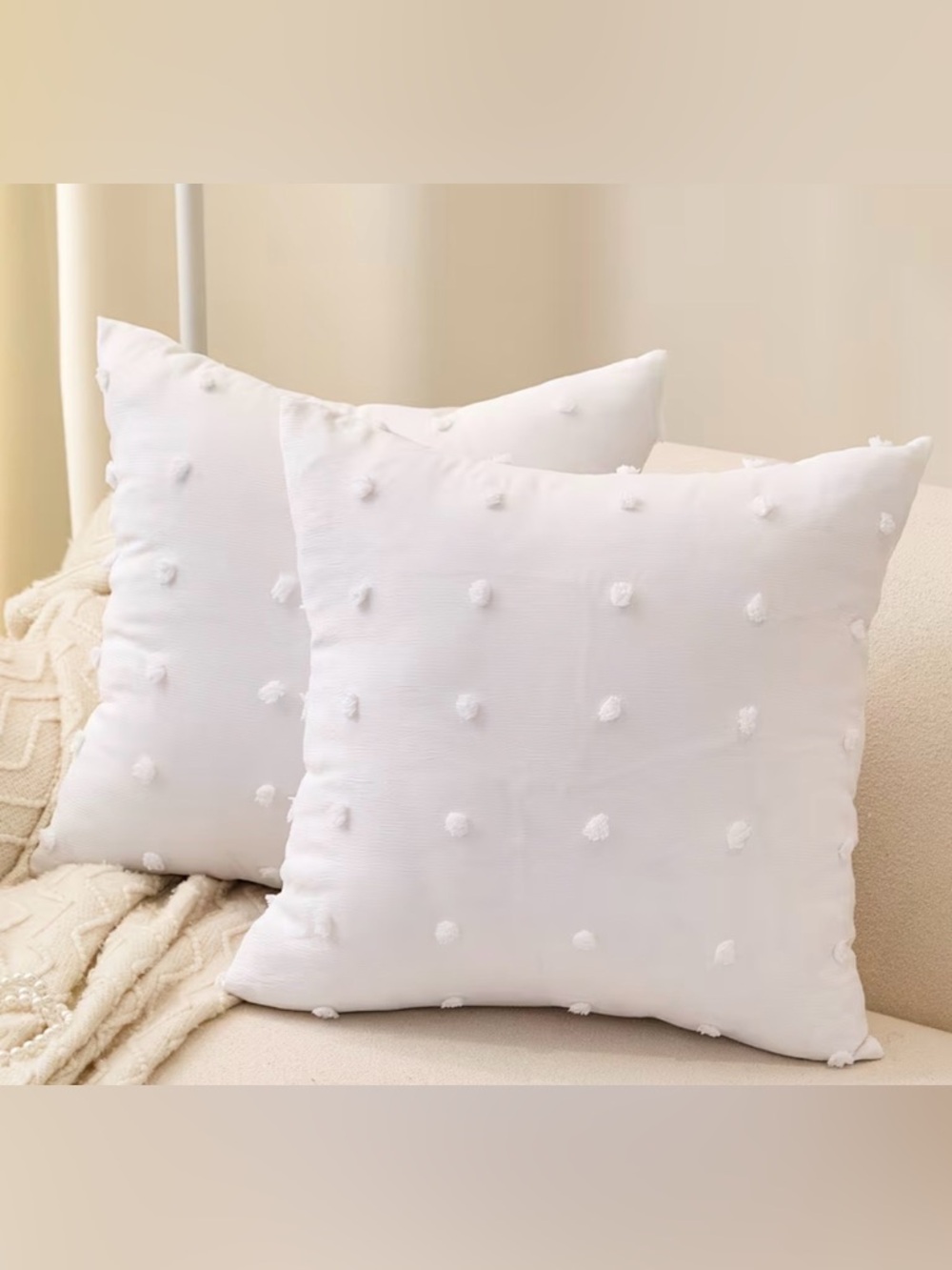 Decorative White Boho Pillow Cover Set 18 x 18 Square New Set of 2 Throw Pillow